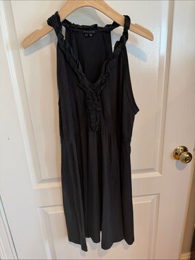 Theory Black Sleeveless Ruffled V-neck Cotton Dress